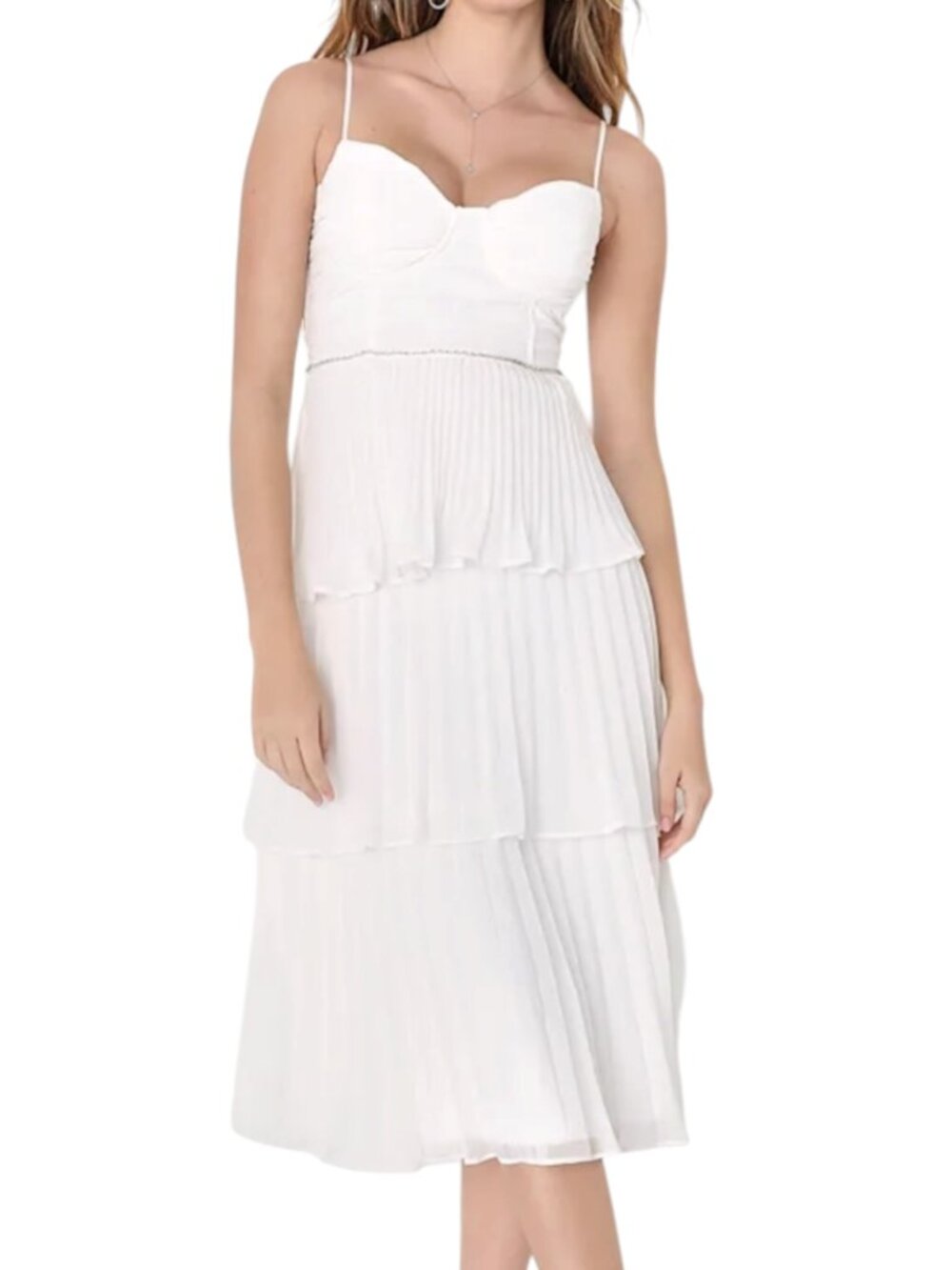 Lulus Cascading Crush Chiffon Dress Tiered Pleated Fit Flare White S